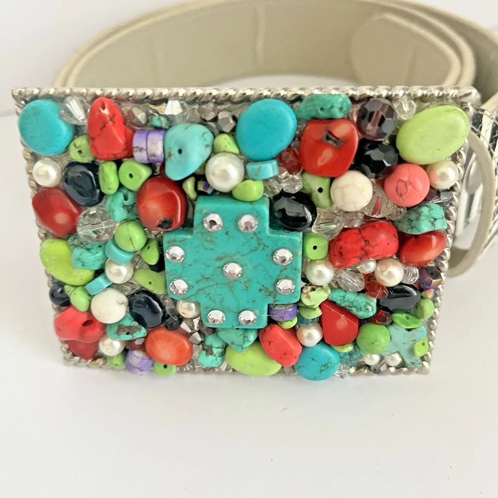 Vera Pelle zebra print bling stone cross buckle belt 47